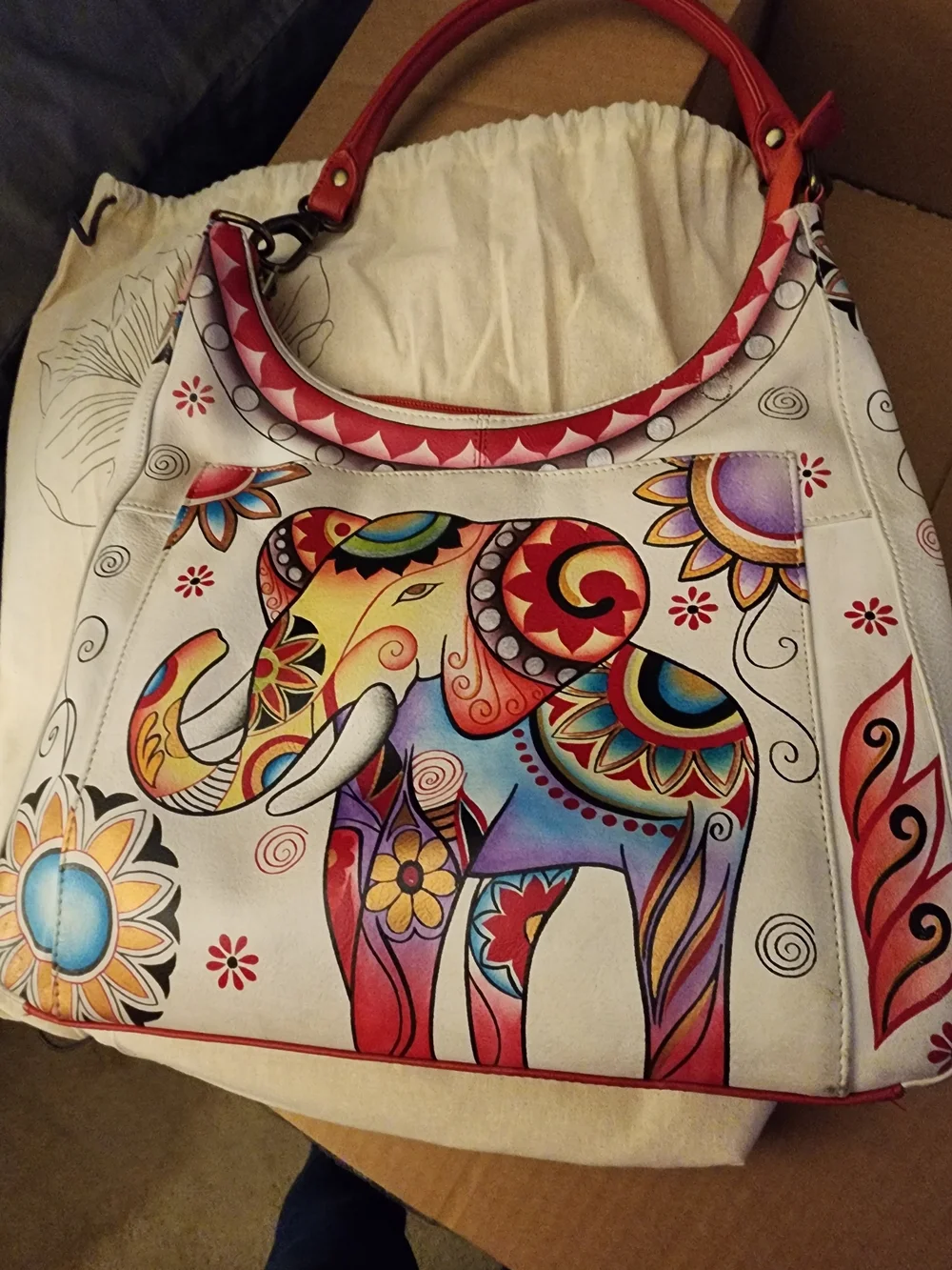 Anuschka Floral and Elephant Print White Leather Hobo Bag With Dust Cover